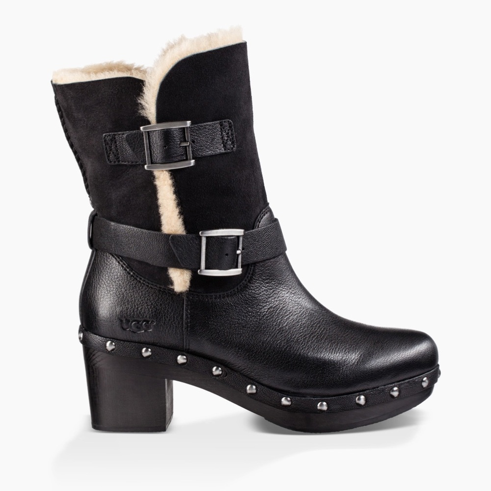 Ugg Brea Mid-Calf Platform Shearling Wood-Heel Clog Boot Black Size 10